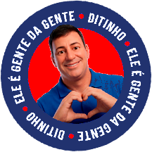 Selo circular Ele é gente da gente, Ditinho fazendo coração com as mãos